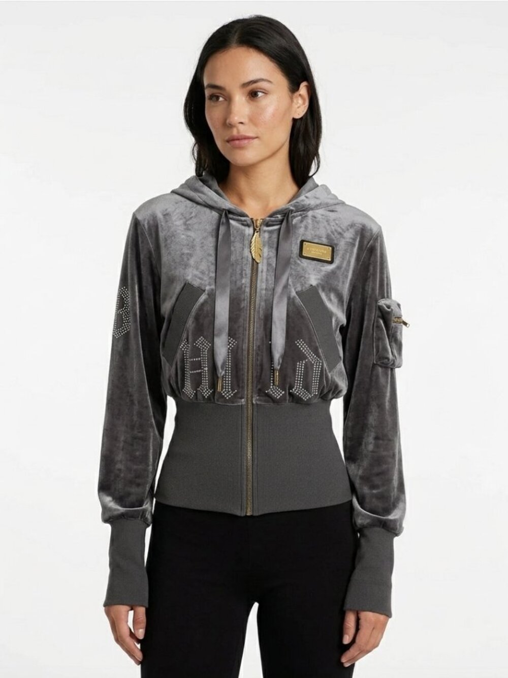 PHILIPPE PLEIN LIMITED EDITION GREY SILVER BEADED VELVET ZIP UP HOODIE JACKET